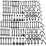Schwarz Piercing Set damen herren 120x Edelstahl Mix Körperschmuck Studs Barbells schwarz Bananabells für Ohr Lippe Nase Zunge Bauchnabel Augenbrauen Nippel schwarz Piercing Ring Punk 1.2*8mm,1.2*10