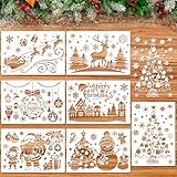 HOWAF 7 Stück Groß Schneespray Fenster Schablonen Weihnachten, Schneespray Schablonen Weihnachten Fenster schablonen Wandgestaltung Wiederverwendbare Plastikschablonen Malen für Weihnachtsdeko DIY