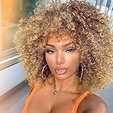 YEESHEDO Afro Perücke Braun Blond Brazilian Synthetische Brasilianisches Verworrene Lockige Natürliche Haar für Frauen, Kinky Curly mit Pony kurze Perücken für Schwarze Damen