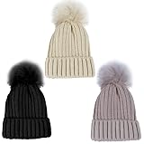 MSDC Beanie für Frauen mit Bommel, 3er-Pack, Wintermützen für Frauen, modische Strickmütze, warme Totenkopfmütze, Damenmütze für kaltes Wetter, Schwarz+Beige+Grau