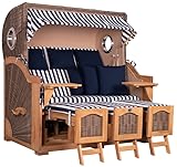 MR. DEKO Strandkorb XXL Dreisitzer Düne Grande Komplettset | Teak-Holz Volllieger | Strandkorb-Bullauge | Gartenstrandkorb Lifter-System Rollen Abdeckhaube | 3-Sitzer Gartenmöbel-Set 170x95x170 cm