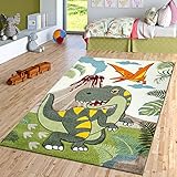 TT Home Kinderzimmer Kurzflor Teppich Dinosaurier Motiv Konturenschnitt Grün Modern, Größe:120x170 cm