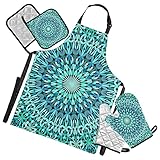 Türkisfarbenes Kaleidoskop, Mandala, Blumen, Stammesmuster, ethnische Motive, 5-teiliges Set, Kochschürze, wärmeisolierte Ofenhandschuhe mit Topflappen, Küchenhandschuhe, Schutzmatte zum Grillen und