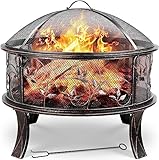 TLGREEN Feuerschalen, Feuerschale mit Funkenschutz, Feuerschale Garten Ø71x65cm, inkl. Poker & Kohlerost & 4 PCS Füße, Feuerkorb Retro-Look, Feuerstelle für Garten Camping Strand - Blumen Grasmuster