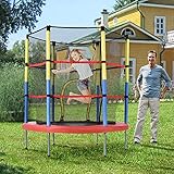 Emmtore Kinder Trampolin mit Basketballkorb, Indoor-& Outdoortrampolinr, Kindertrampolin mit Sicherheitsnetz Gewichtskapazität: 45 kg, Gesamtgröße(H*L): 164x140 cm, Rot/Gelb/Blau