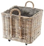 Kobolo Kaminholzwagen mit Rollen Holzkorb für Kaminholz -Rattan- mit Innenfutter aus Jute
