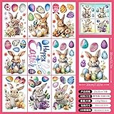 Gleemix Oster Fensterbilder Aufkleber Set, 9 Blätter Hasen und Ostereier Motive, Wiederverwendbare Fensterdeko, 20x30cm (Hasen-Osterei 1)