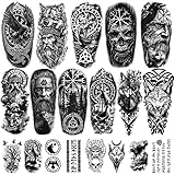77 Blätter Nordische Temporäre Tattoos für Männer Frauen, 17 Blätter Halbarm Tattoos Wolf Tiger Löwe Adler Skelett Totenkopf, 60 Blätter kleine Schwarze Tribal Tattoos für Erwachsene Kinder Tattoo