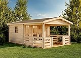 Alpholz Gartenhaus Lappland-40 B Gartenhaus aus Holz in Naturbelassen, Holzhaus mit 40 mm Wandstärke inklusive Terrasse, Blockbohlenhaus mit Montagematerial