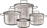 RÖSLE Basic Line Topf-Set 4-tlg, 3 Universaltöpfe, 1 Stielkasserolle, Edelstahl 18/10, mit Glasdeckel und Schüttrand, induktionsgeeignet, spülmaschinengeeignet, Silber / Schwarz