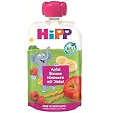 HiPP Bio Quetschie Apfel Banane Himbeere mit Dinkel - Eddi Elefant (8 x 100g), ab 1 Jahr, Früchte mit Vollkorn, ohne Zuckerzusatz, vegan, in bester Bio-Qualität